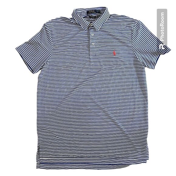 Polo Ralph Lauren Blue Label Polo Mens L Blue Stripe Stretch Logo - Picture 1 of 5
